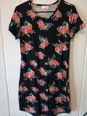 Floral Short Sleeve Black Dress with Pink & Coral Roses